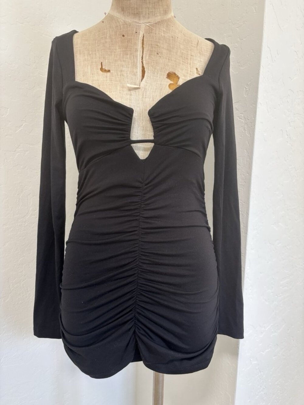 Susana Monaco Womens Bodycon Dress Black Ruched Long Sleeve Stretch S Small